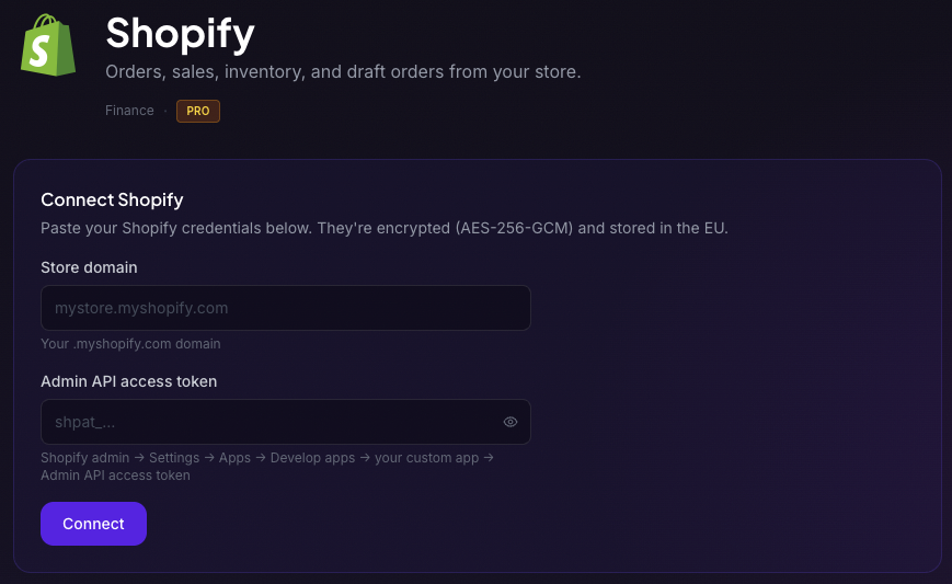 Connecting Shopify with an API key: the store domain and access token fields, with a hint showing where in Shopify to find the token