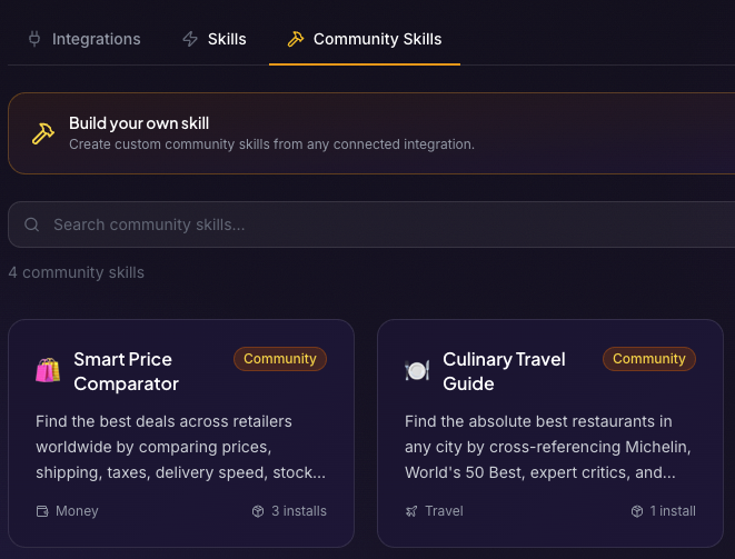The Community Skills tab: real community skills with install counts, search, and the Build your own skill banner